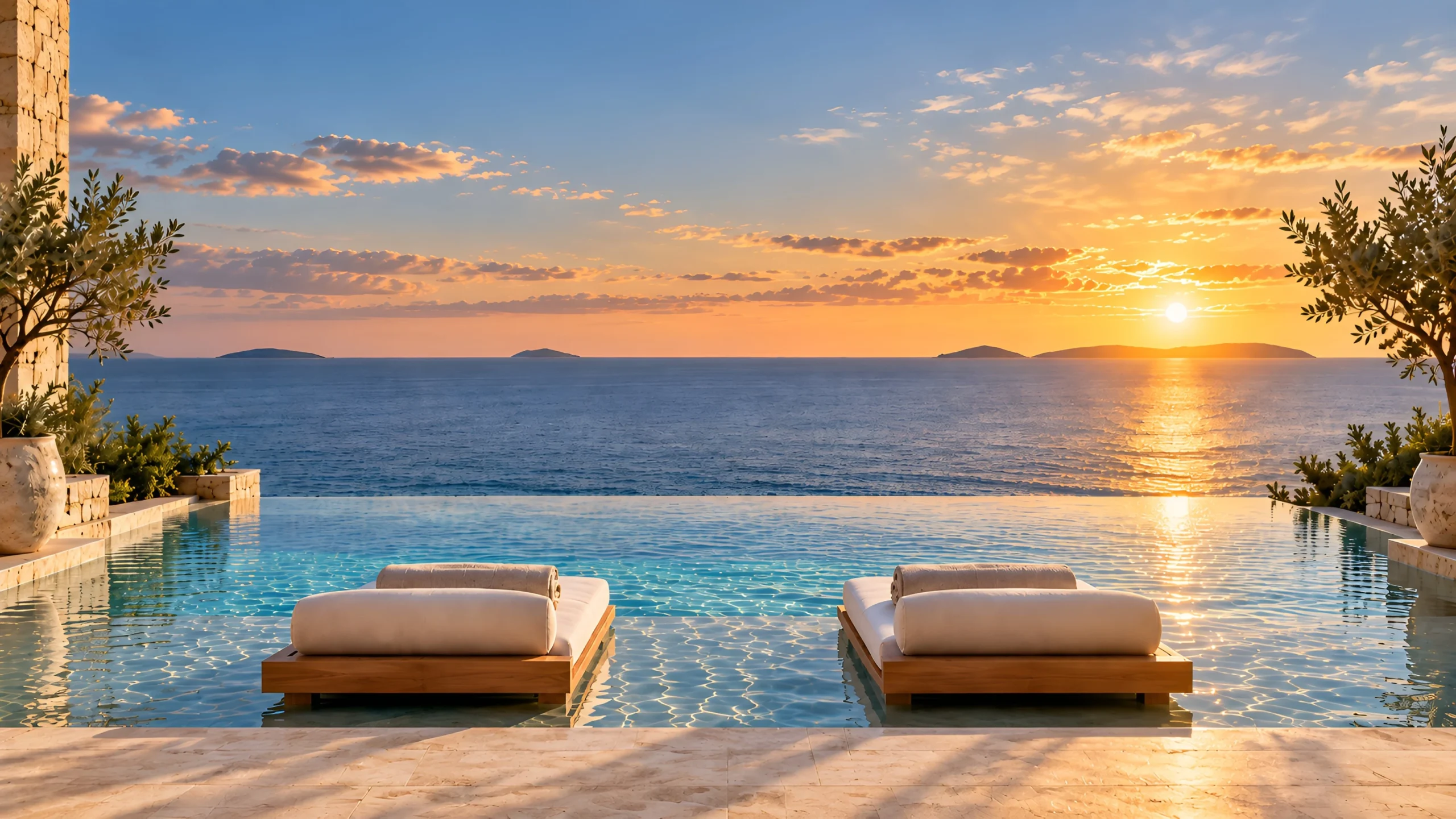 Luxury villa terrace above the Caribbean sea at sunset